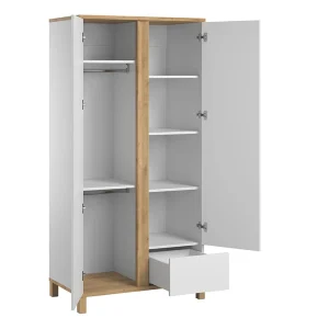 Armoire Scandinave Avec Penderie Et étagères Finition Blanc Mat Et Bois Chêne Clair L90 Cm EILIE 10