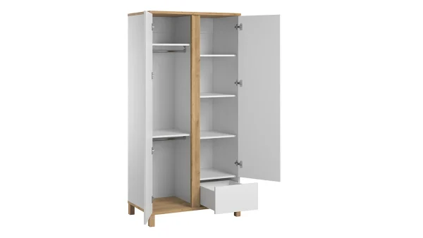 Armoire Scandinave Avec Penderie Et étagères Finition Blanc Mat Et Bois Chêne Clair L90 Cm EILIE 4