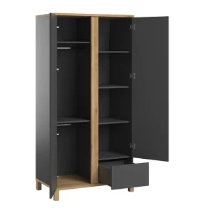 Armoire Scandinave Avec Penderie Et étagères Gris Anthracite Et Bois L90 Cm EILIE 8