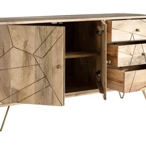 boutiqued en ligne Buffet Gravé En Manguier Massif Et Métal Doré 2 Portes 3 Tiroirs L145 Cm LINIUM 13