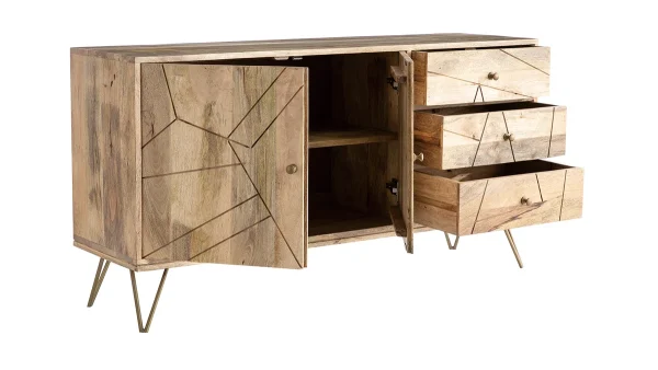 boutiqued en ligne Buffet Gravé En Manguier Massif Et Métal Doré 2 Portes 3 Tiroirs L145 Cm LINIUM 4