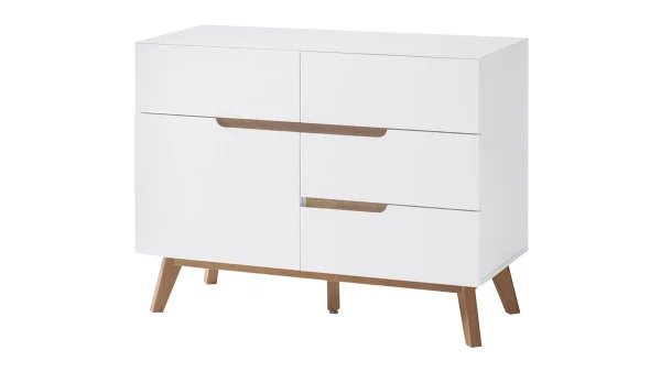 Buffet Scandinave Blanc Mat Et Bois 1 Porte 4 Tiroirs L97 Cm SKIVE 3