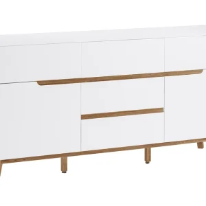 Buffet Scandinave Blanc Mat Et Bois Clair 2 Portes 5 Tiroirs L145 Cm SKIVE 10