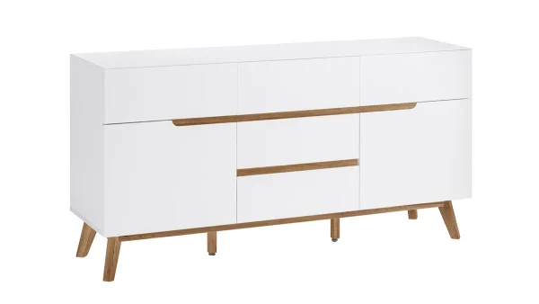 Buffet Scandinave Blanc Mat Et Bois Clair 2 Portes 5 Tiroirs L145 Cm SKIVE 3