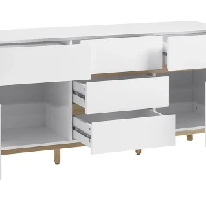 Buffet Scandinave Blanc Mat Et Bois Clair 2 Portes 5 Tiroirs L145 Cm SKIVE 12