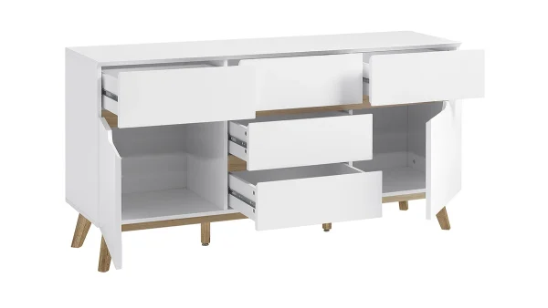 Buffet Scandinave Blanc Mat Et Bois Clair 2 Portes 5 Tiroirs L145 Cm SKIVE 4