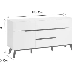 Buffet Scandinave Blanc Mat Et Bois Clair 2 Portes 5 Tiroirs L145 Cm SKIVE 16