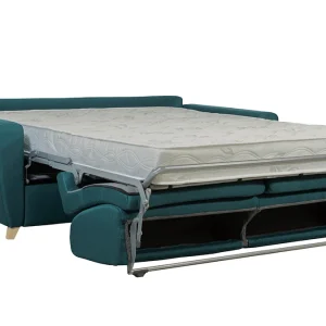 Canapé Convertible 3 Places En Tissu Bleu Canard Et Bois Clair Avec Matelas 18 Cm GRAHAM magasin pour 13