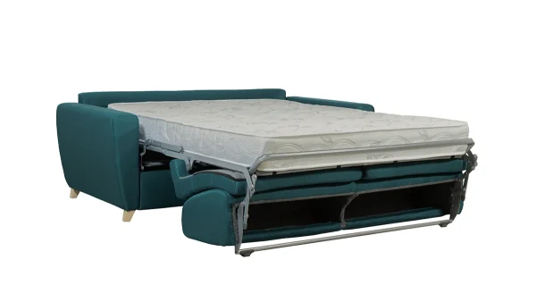 Canapé Convertible 3 Places En Tissu Bleu Canard Et Bois Clair Avec Matelas 18 Cm GRAHAM magasin pour 4