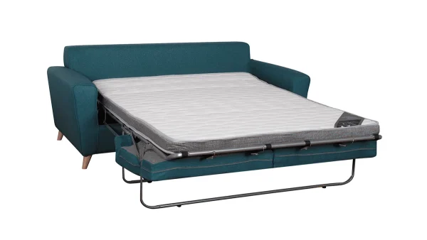 nouvelle saison Canapé Convertible 3 Places En Tissu Bleu Canard Et Bois Clair Avec Matelas 9 Cm BEAUBOURG 4