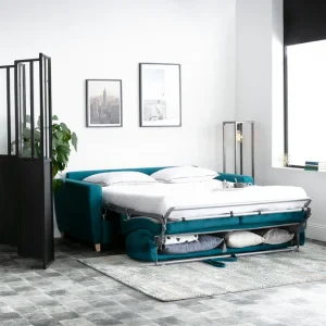 acheter en ligne Canapé Convertible 3 Places En Tissu Bleu Canard Et Bois Clair Avec Matelas L140 Cm 12 Cm GRAHAM 24