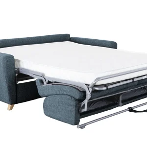 Canapé Convertible 3 Places En Tissu Bleu Et Bois Clair Avec Matelas L140 Cm 12 Cm GRAHAM 19