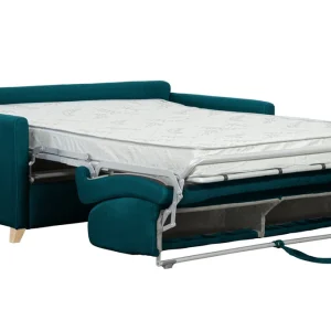 magasin Canapé Convertible 3 Places En Tissu Bleu Paon Et Bois Clair Avec Matelas 12 Cm SKANDY 13