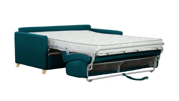 magasin Canapé Convertible 3 Places En Tissu Bleu Paon Et Bois Clair Avec Matelas 12 Cm SKANDY 4