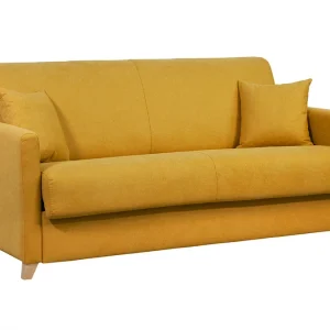 grande marque pas cher Canapé Convertible 3 Places En Tissu Effet Velours Jaune Moutarde Et Bois Clair Avec Matelas 12 Cm SKANDY 11