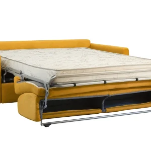 Canapé Convertible 3 Places En Tissu Effet Velours Jaune Moutarde Et Bois Clair Avec Matelas 12 Cm SKANDY 13