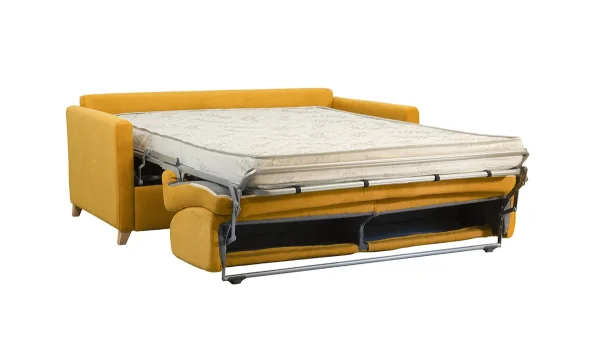 Canapé Convertible 3 Places En Tissu Effet Velours Jaune Moutarde Et Bois Clair Avec Matelas 12 Cm SKANDY 4