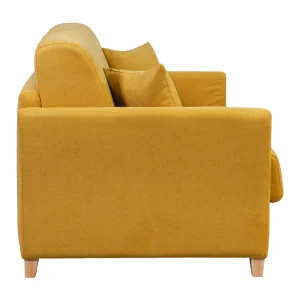 grande marque pas cher Canapé Convertible 3 Places En Tissu Effet Velours Jaune Moutarde Et Bois Clair Avec Matelas 12 Cm SKANDY 15