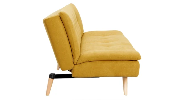 Canapé Convertible 3 Places En Tissu Effet Velours Jaune Moutarde Et Bois Clair SENSO prix pas cher 4