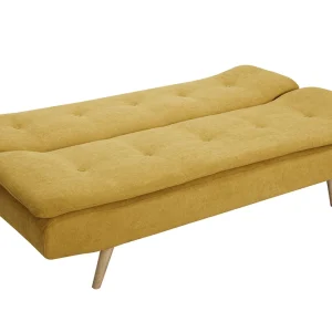 Canapé Convertible 3 Places En Tissu Effet Velours Jaune Moutarde Et Bois Clair SENSO 22