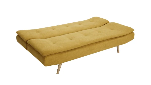 Canapé Convertible 3 Places En Tissu Effet Velours Jaune Moutarde Et Bois Clair SENSO prix pas cher 7