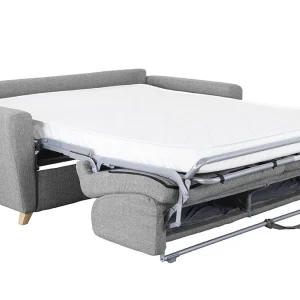 Canapé Convertible 3 Places En Tissu Gris Clair Et Bois Clair Avec Matelas L140 Cm 12 Cm GRAHAM 18