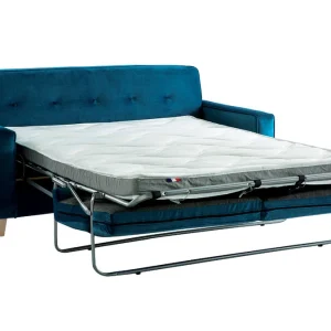 meilleur service Canapé Convertible 3 Places En Tissu Velours Bleu Paon Et Bois Clair Avec Matelas 9 Cm CIGALE 12