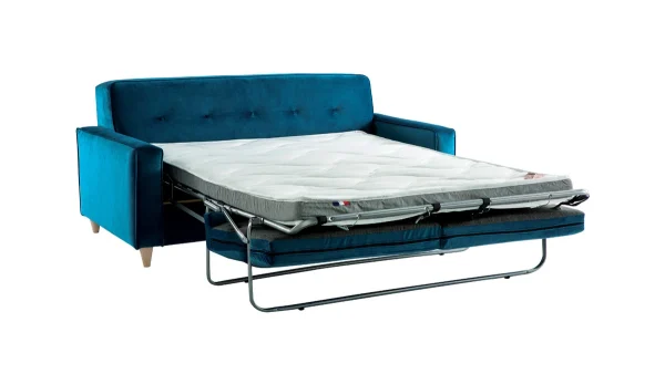 Canapé Convertible 3 Places En Tissu Velours Bleu Paon Et Bois Clair Avec Matelas 9 Cm CIGALE 3