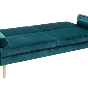 Canapé Convertible 3 Places En Tissu Velours Bleu Pétrole Et Bois Clair MOORE 14