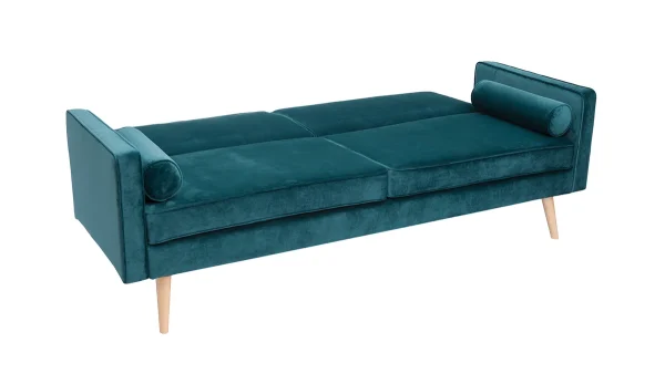 Canapé Convertible 3 Places En Tissu Velours Bleu Pétrole Et Bois Clair MOORE 4