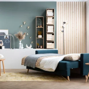 Couleurs variées Canapé Convertible Avec Coffre 3 Places En Tissu Bleu Paon Et Bois Clair MIRA 23