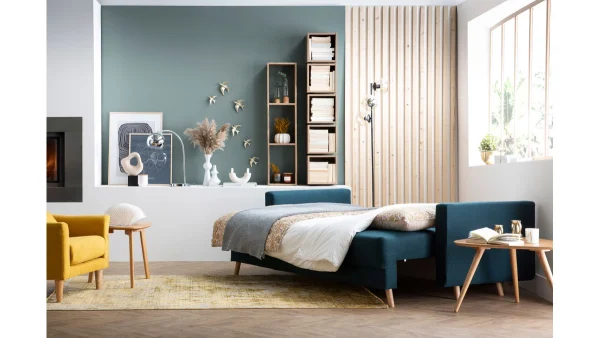 Couleurs variées Canapé Convertible Avec Coffre 3 Places En Tissu Bleu Paon Et Bois Clair MIRA 8