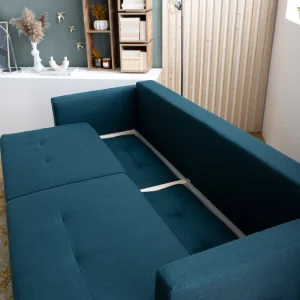 Couleurs variées Canapé Convertible Avec Coffre 3 Places En Tissu Bleu Paon Et Bois Clair MIRA 25