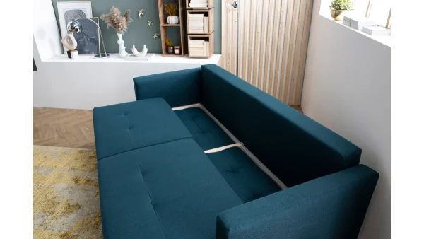 marque pas cher Canapé Convertible Avec Coffre 3 Places En Tissu Bleu Paon Et Bois Clair MIRA 9