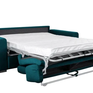 Canapé Convertible Avec Têtières Ajustables 3 Places En Tissu Bleu Canard Avec Matelas 12 Cm NORO De Qualité 19