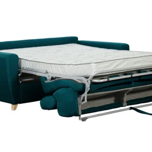 nouveau produit Canapé Convertible Avec Têtières Ajustables 3 Places En Tissu Bleu Paon Et Bois Clair Avec Matelas 13 Cm GOYA 13