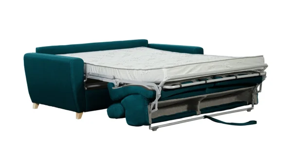 nouveau produit Canapé Convertible Avec Têtières Ajustables 3 Places En Tissu Bleu Paon Et Bois Clair Avec Matelas 13 Cm GOYA 4