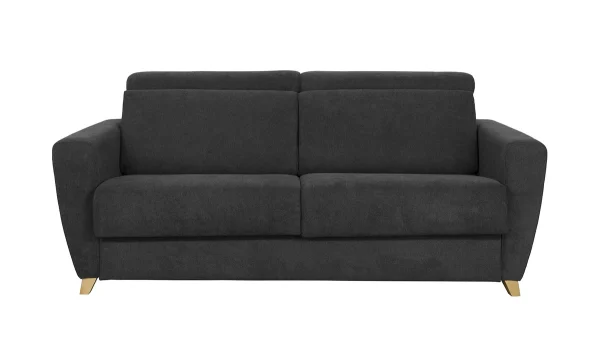 Les achats en ligne Canapé Convertible Avec Têtières Ajustables 3 Places En Tissu Effet Velours Gris Anthracite Et Bois Clair Avec Matelas 13 Cm GOYA 1