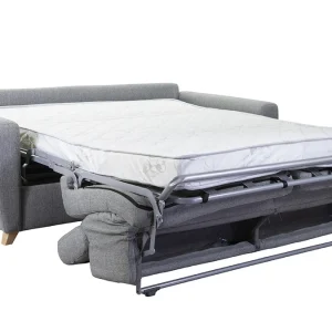 Canapé Convertible Avec Têtières Ajustables 3 Places En Tissu Gris Et Bois Clair Avec Matelas 13 Cm GOYA 13