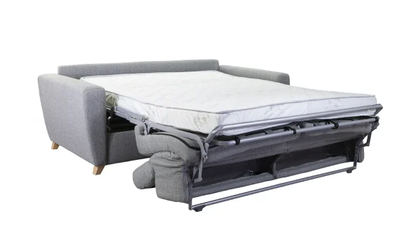 Canapé Convertible Avec Têtières Ajustables 3 Places En Tissu Gris Et Bois Clair Avec Matelas 13 Cm GOYA 4