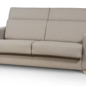 bas prix Canapé Convertible Avec Têtières Ajustables 3 Places En Tissu Taupe Et Bois Clair Avec Matelas 13 Cm GOYA 14