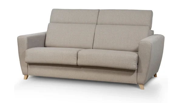 acheter en ligne Canapé Convertible Avec Têtières Ajustables 3 Places En Tissu Taupe Et Bois Clair Avec Matelas 13 Cm GOYA 4