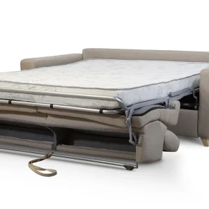 bas prix Canapé Convertible Avec Têtières Ajustables 3 Places En Tissu Taupe Et Bois Clair Avec Matelas 13 Cm GOYA 16