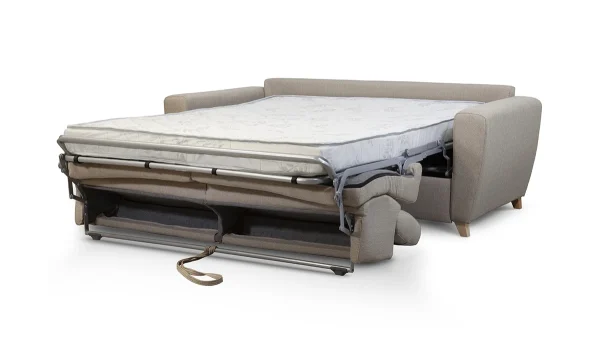 acheter en ligne Canapé Convertible Avec Têtières Ajustables 3 Places En Tissu Taupe Et Bois Clair Avec Matelas 13 Cm GOYA 5