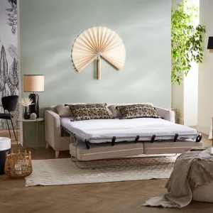 Canapé Convertible Scandinave 3 Places En Tissu Beige Et Bois Clair Avec Matelas 10 Cm PAPEL 26