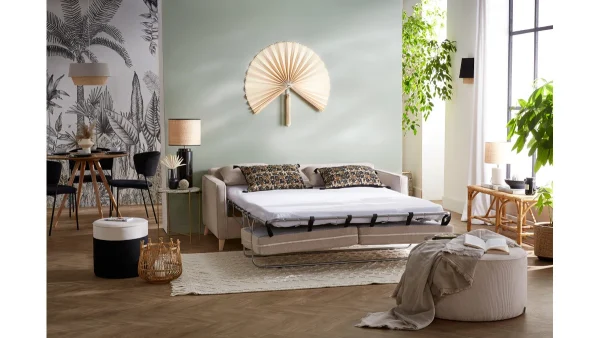 Canapé Convertible Scandinave 3 Places En Tissu Beige Et Bois Clair Avec Matelas 10 Cm PAPEL comparez les prix 9