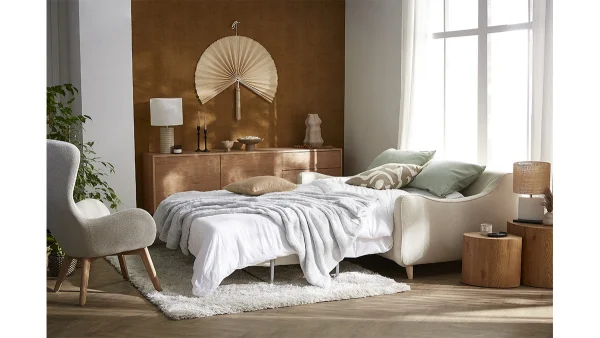 Canapé Convertible Scandinave 3 Places En Tissu Beige Et Bois Clair Avec Matelas 10 Cm VENDOME guranteed de qualité 8