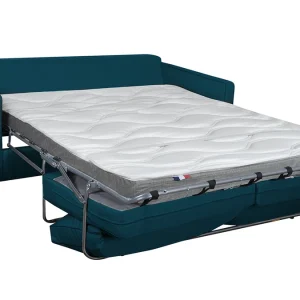 Canapé Convertible Scandinave 3 Places En Tissu Bleu Canard Et Bois Clair Avec Matelas 10 Cm PAPEL 14