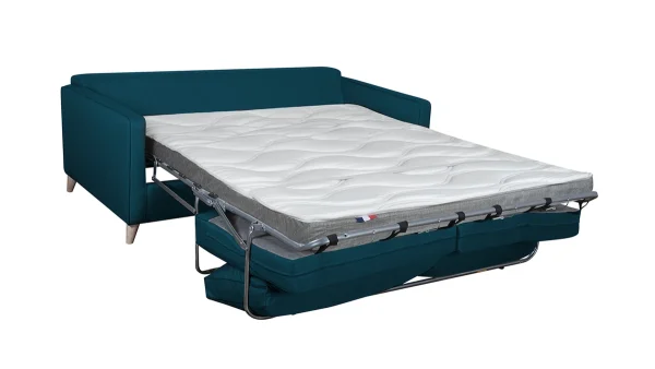 en vente Canapé Convertible Scandinave 3 Places En Tissu Bleu Canard Et Bois Clair Avec Matelas 10 Cm PAPEL 4