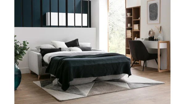 en vente Canapé Convertible Scandinave 3 Places En Tissu Bleu Canard Et Bois Clair Avec Matelas 10 Cm PAPEL 8